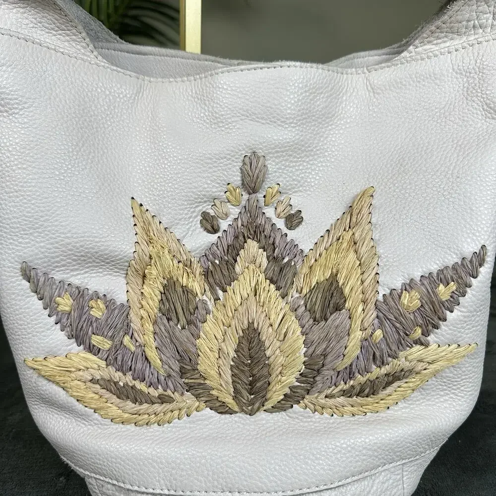 the Sak Leather Hobo bucket Ivory soft Straw embelishment hippie